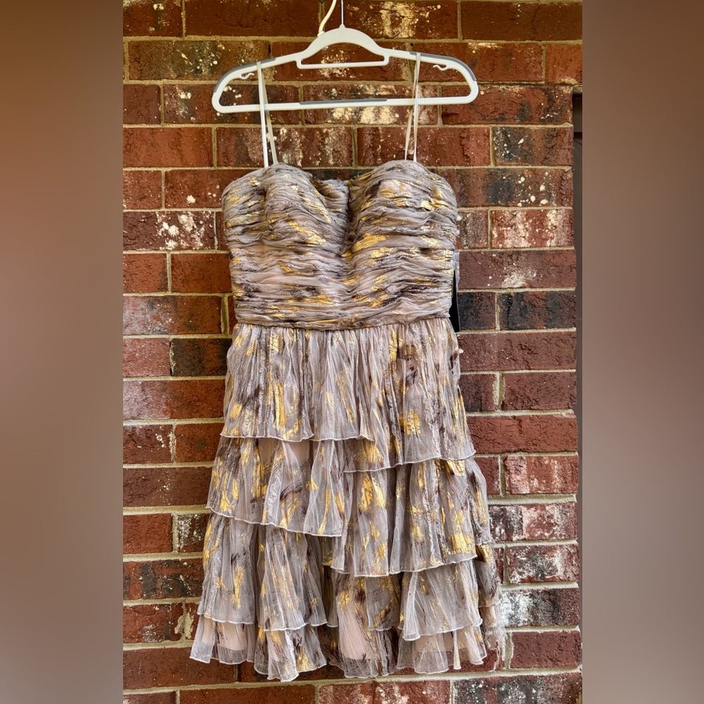 Aidan Mattox Gold and Tan Tiered Mini Dress